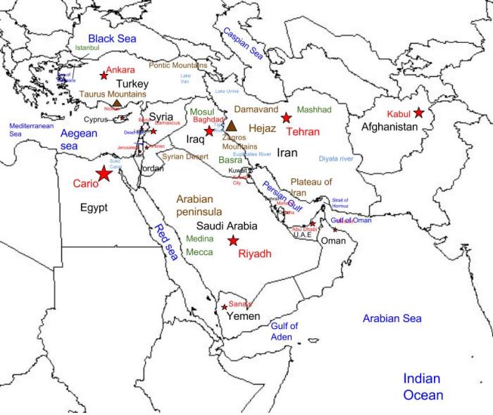 Southwest asia physical map labeled