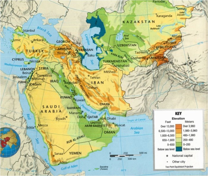 Southwest asia physical map labeled